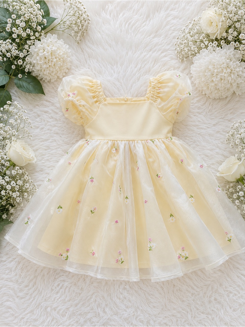 Yellow Floral Puff Sleeve Tulle Dress